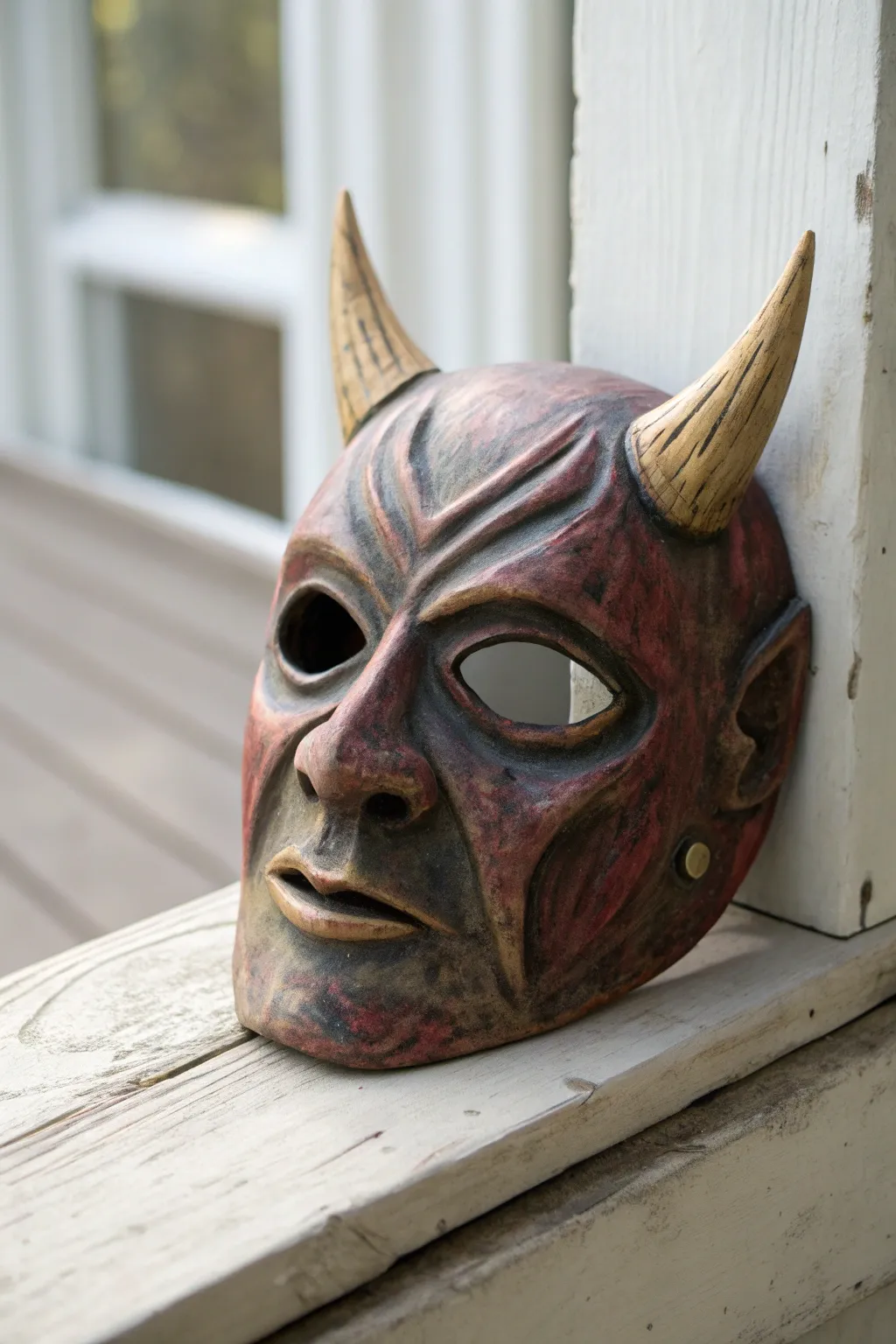 Dramatic horned ceramic mask in charcoal and deep red glaze, minimal Scandinavian display.