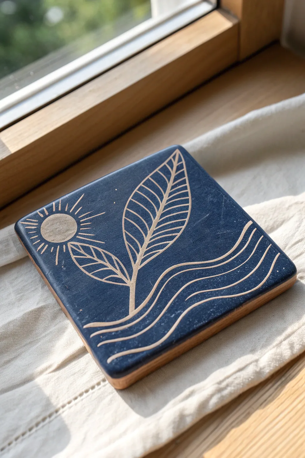 Minimal sgraffito sketch tile with clean etched lines for modern, handmade wall accents.