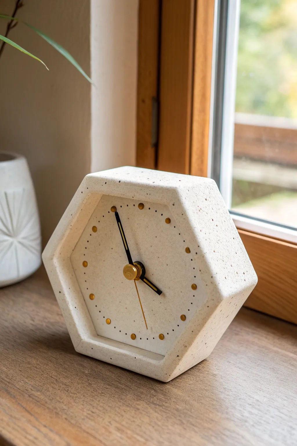 Minimal square ceramic slab clock with brass hands, handmade edges, calm Nordic tones.