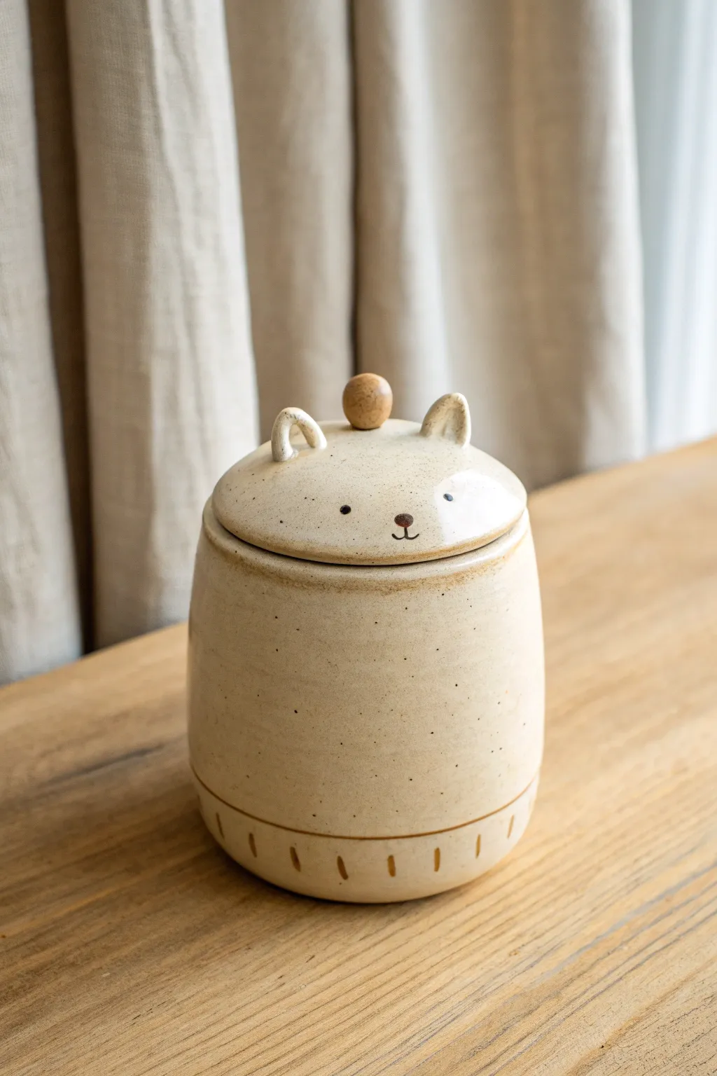 Minimal ceramic cookie jar with a sweet animal face lid, handmade charm in a calm Nordic style.
