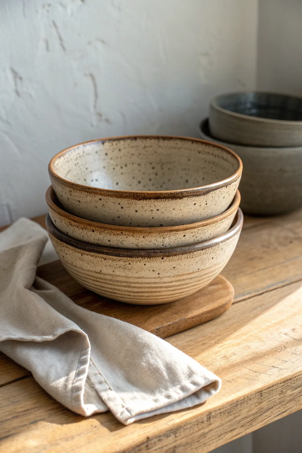 Warm speckled ceramic bowls stacked in soft daylight for an effortless handmade, cozy look.