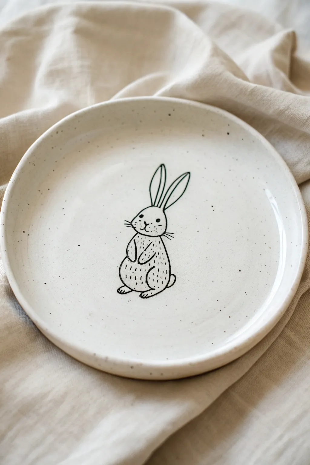 Minimal bunny line art on a handmade white plate, simple, cozy, and perfect for ceramic drawing ideas.