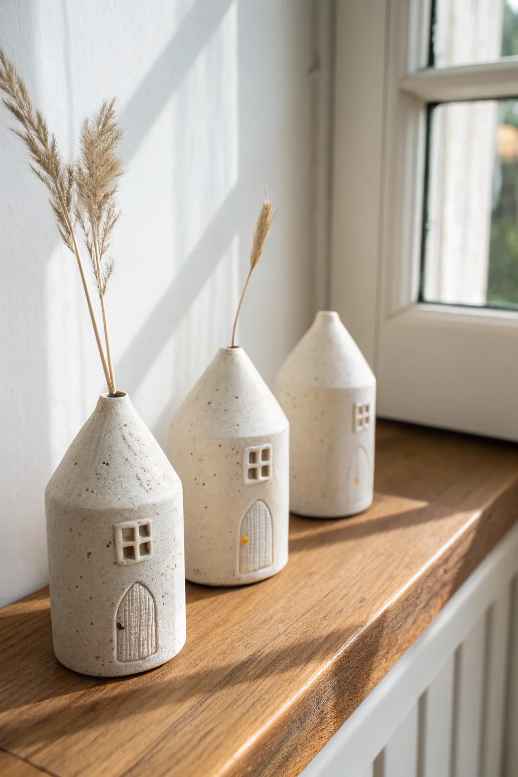 Three mini ceramic house bud vases in a calm row, each holding one simple stem.
