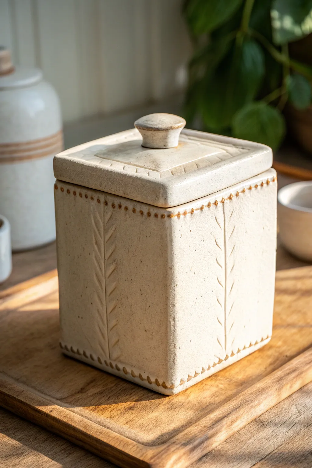 Slab-built square jar with stitched seams and a clean flat lid for modern minimalist storage.