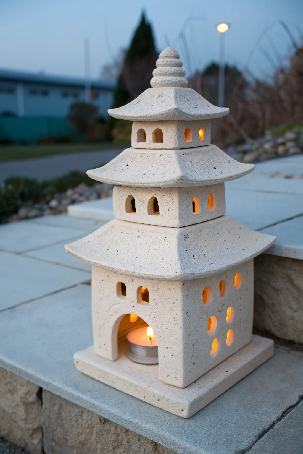 Pagoda-style ceramic lantern, minimalist tiers and soft candlelight, glowing beautifully at twilight.