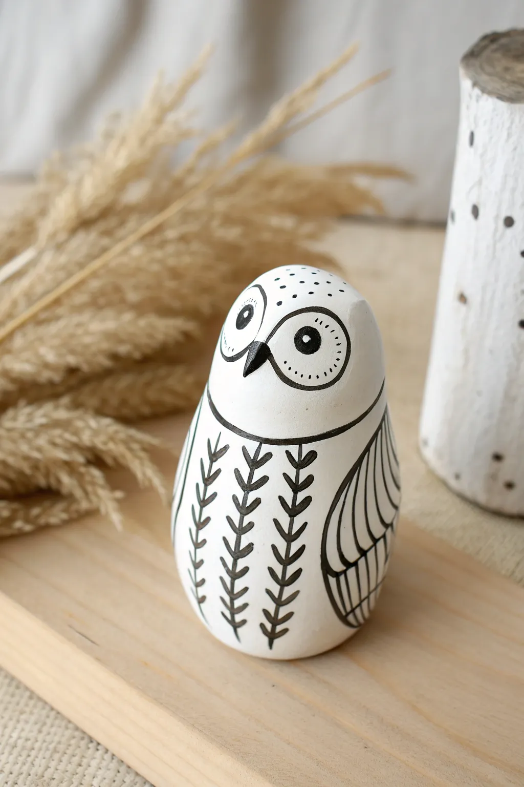 Black-and-white linework owl: matte white glaze, crisp feather lines, bold and beautifully simple.