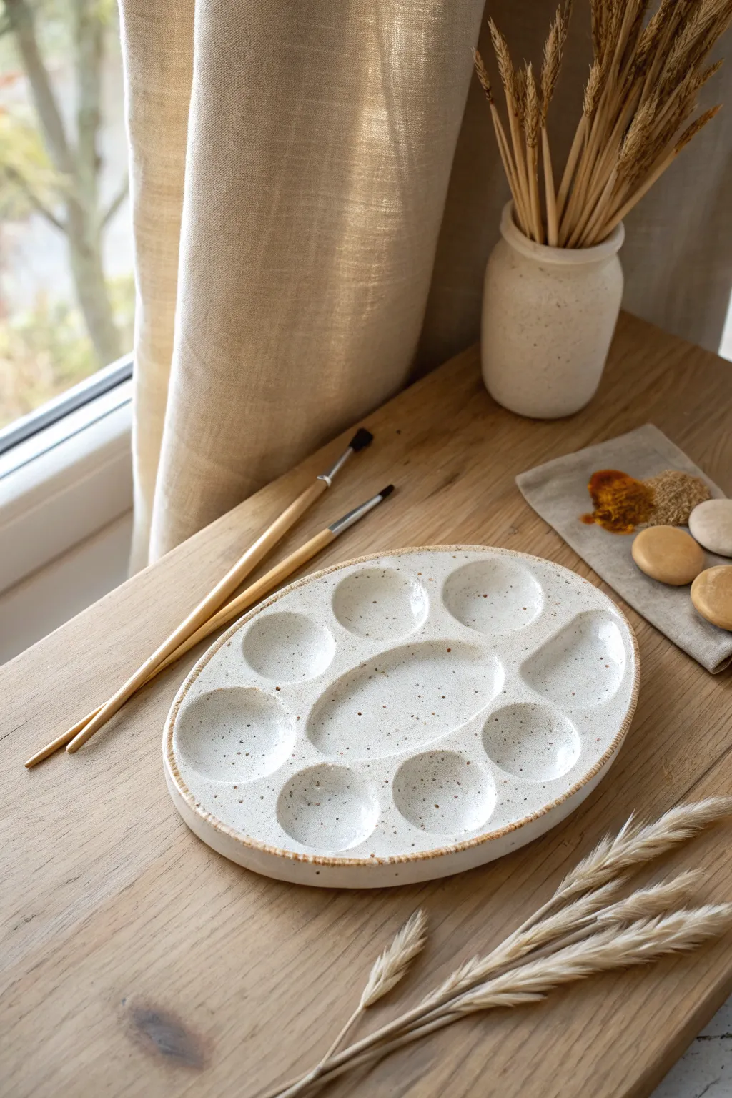 Minimal ceramic paint palette with stamped rim texture, a beautiful built-in brush wipe zone