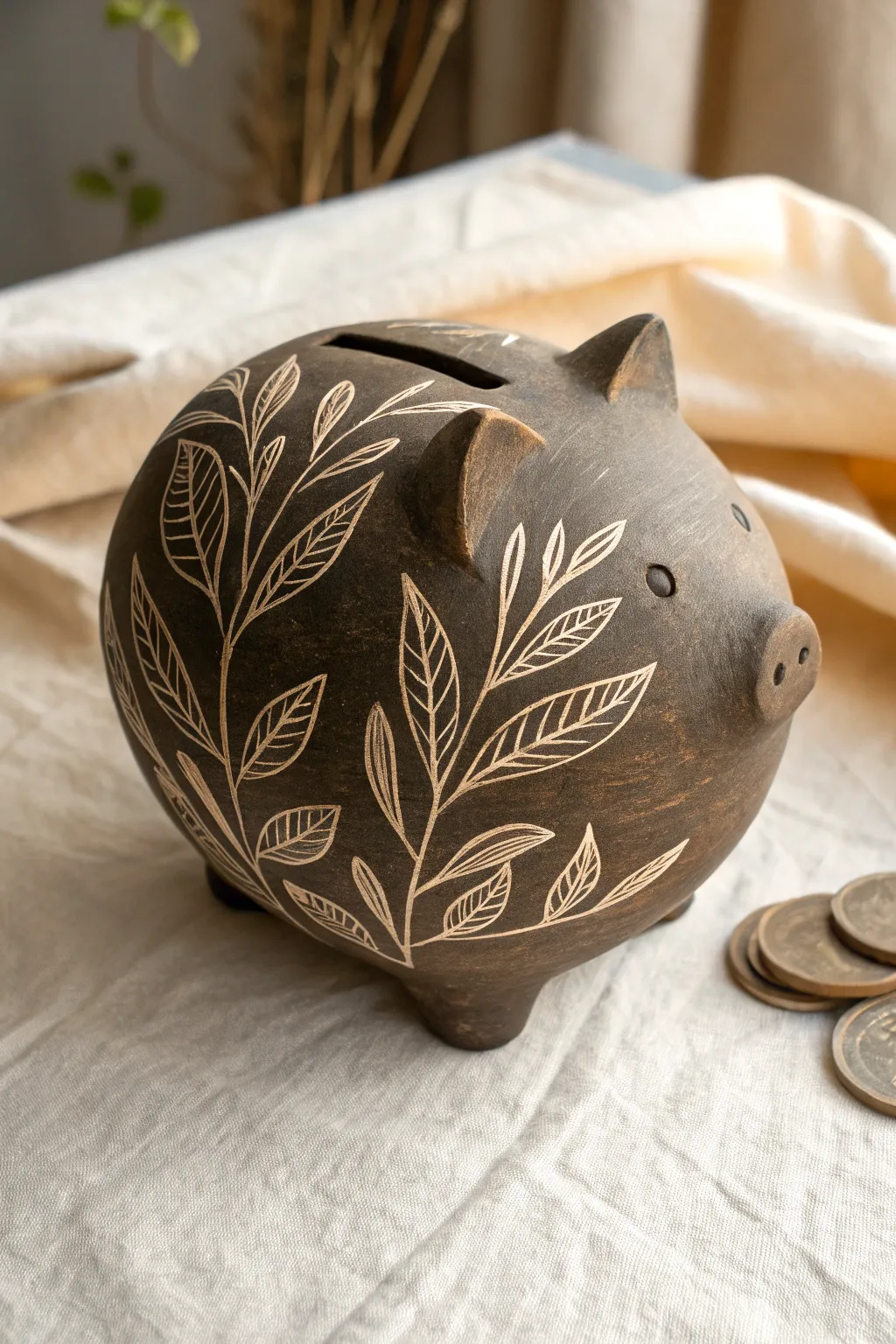 Matte dark piggy bank with crisp sgraffito botanical lines revealing warm clay beneath