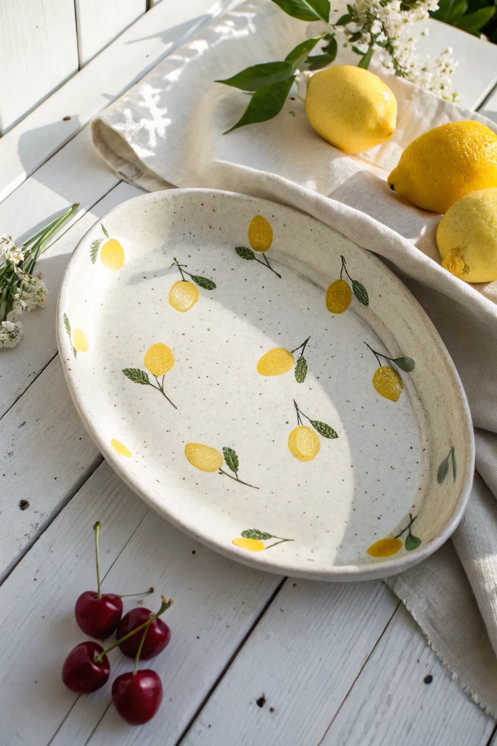 Summer-ready ceramic platter with scattered lemon motifs and a fresh, airy Scandinavian vibe.