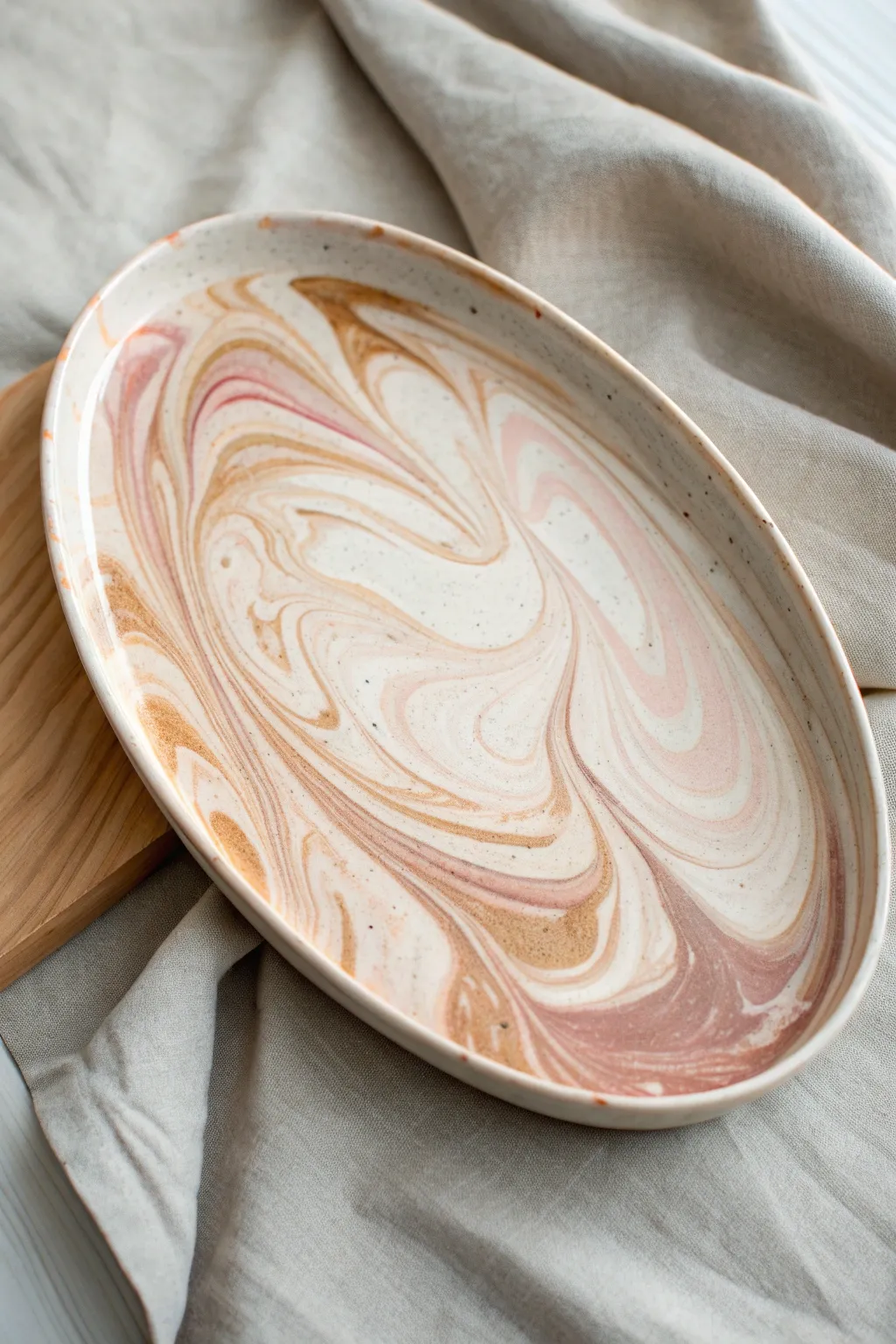Soft marbled swirl platter with clear glaze, minimalist styling and natural light contrast