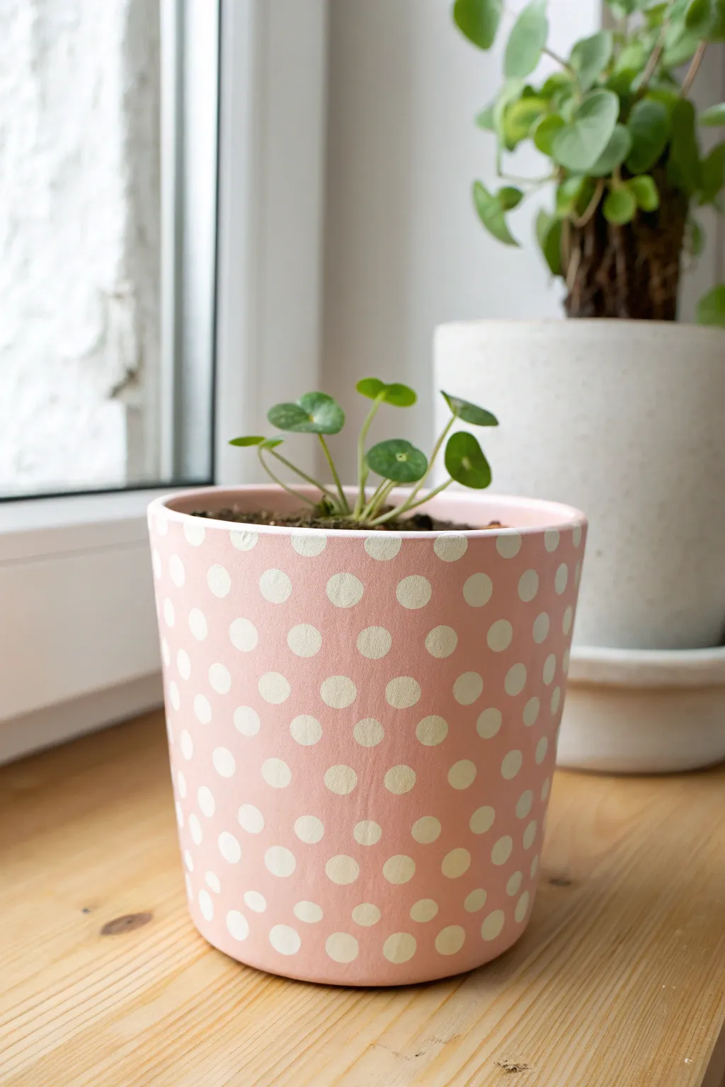 Playful polka-dot ceramic pot with fresh greenery, minimal styling, happy Scandinavian vibe.