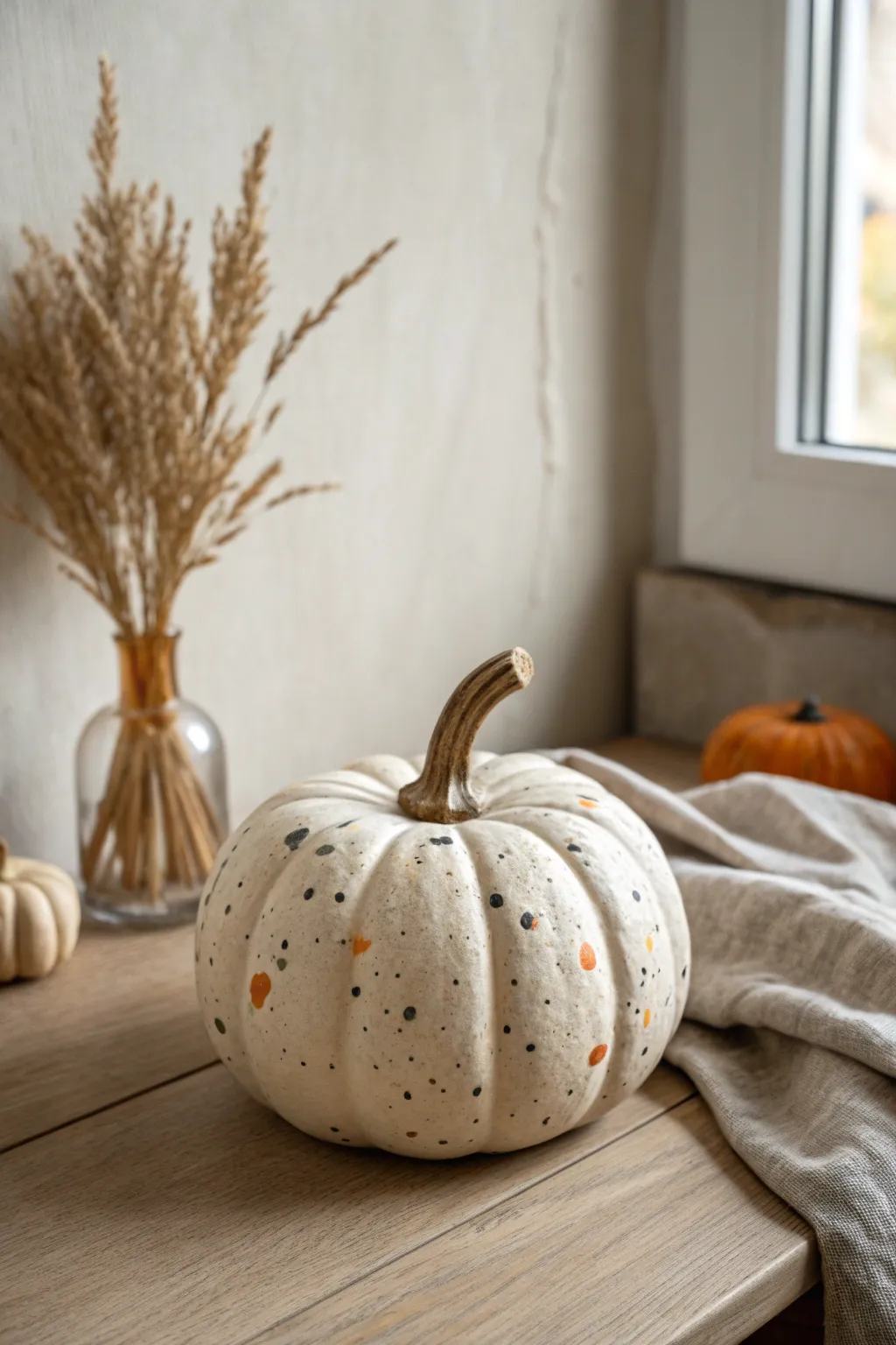 Terrazzo-speckled ceramic pumpkin in soft fall tones for a modern minimalist autumn shelf