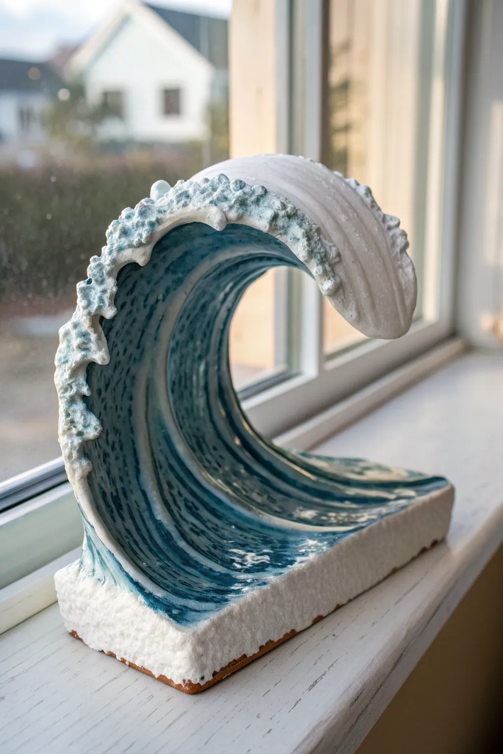 Frozen wave ceramic sculpture with glossy crest and raw base, minimalist coastal elegance.