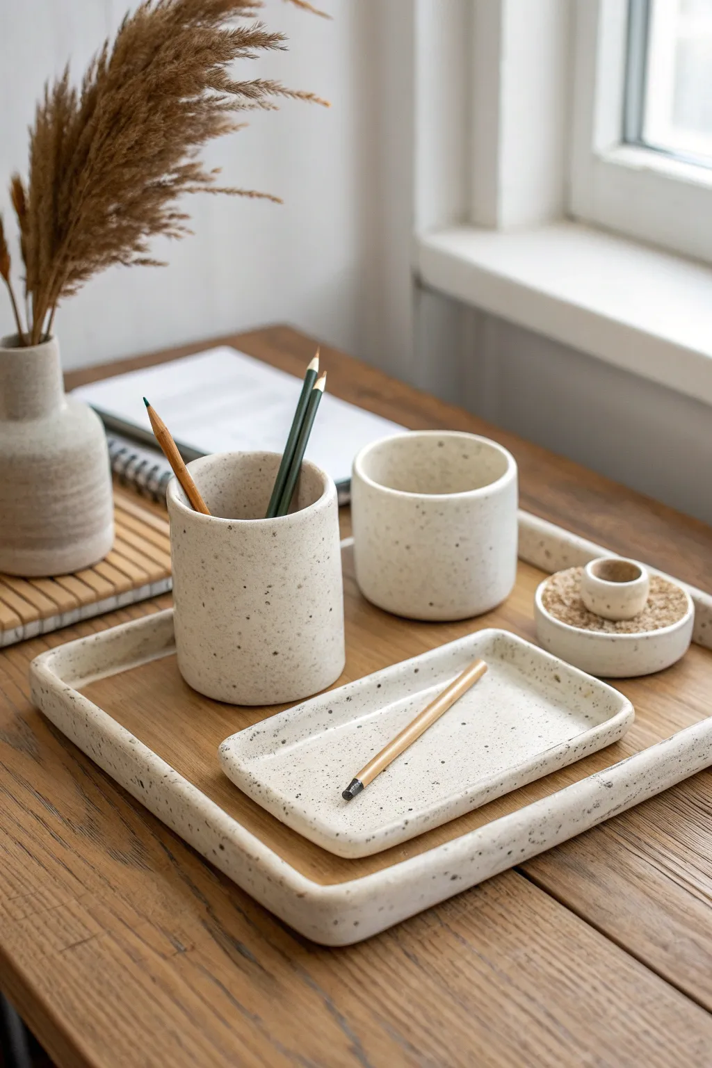 Minimal ceramic desk set in soft speckled glaze for calm, creative chaos on your workspace.