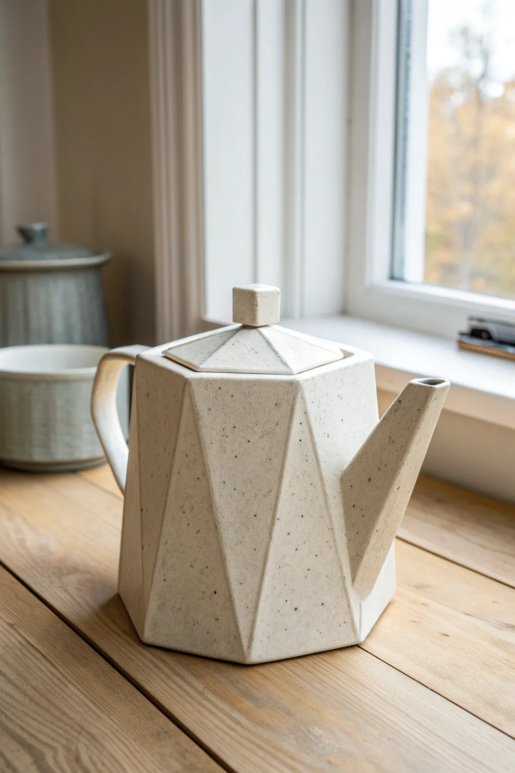 Faceted slab-built teapot with crisp edges and matte glaze for a calm minimalist boho look.