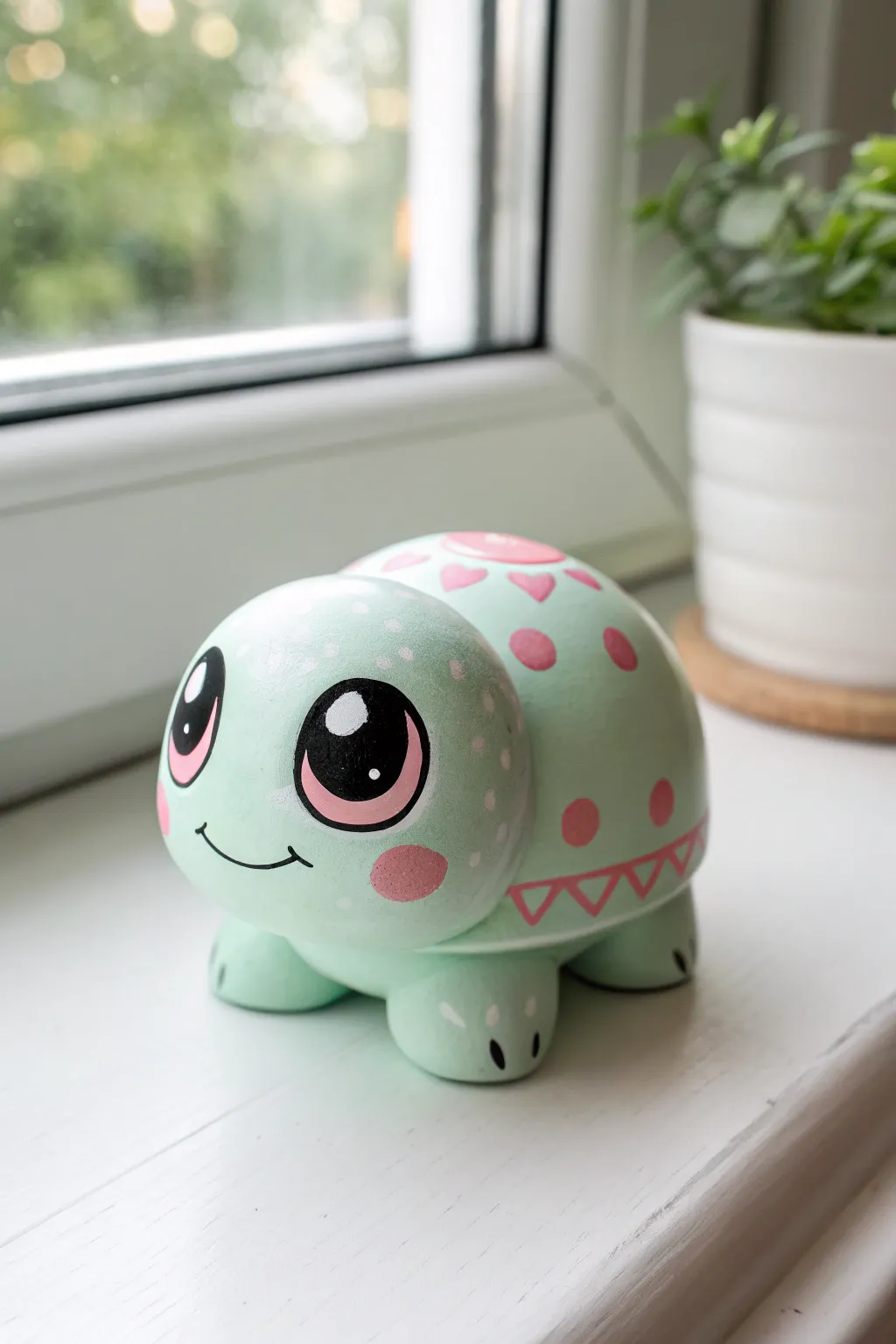 Kawaii pastel turtle with big glossy eyes and rosy cheeks, a simple cute ceramic painting idea