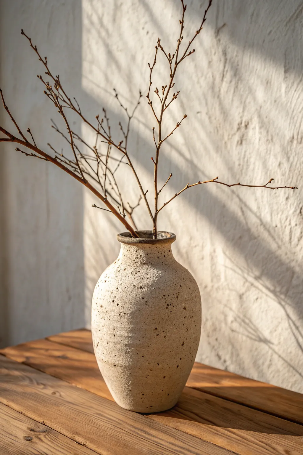 Organic wabi-sabi pinch-form vase with a single dried branch, warm sunlight, serene minimalism.