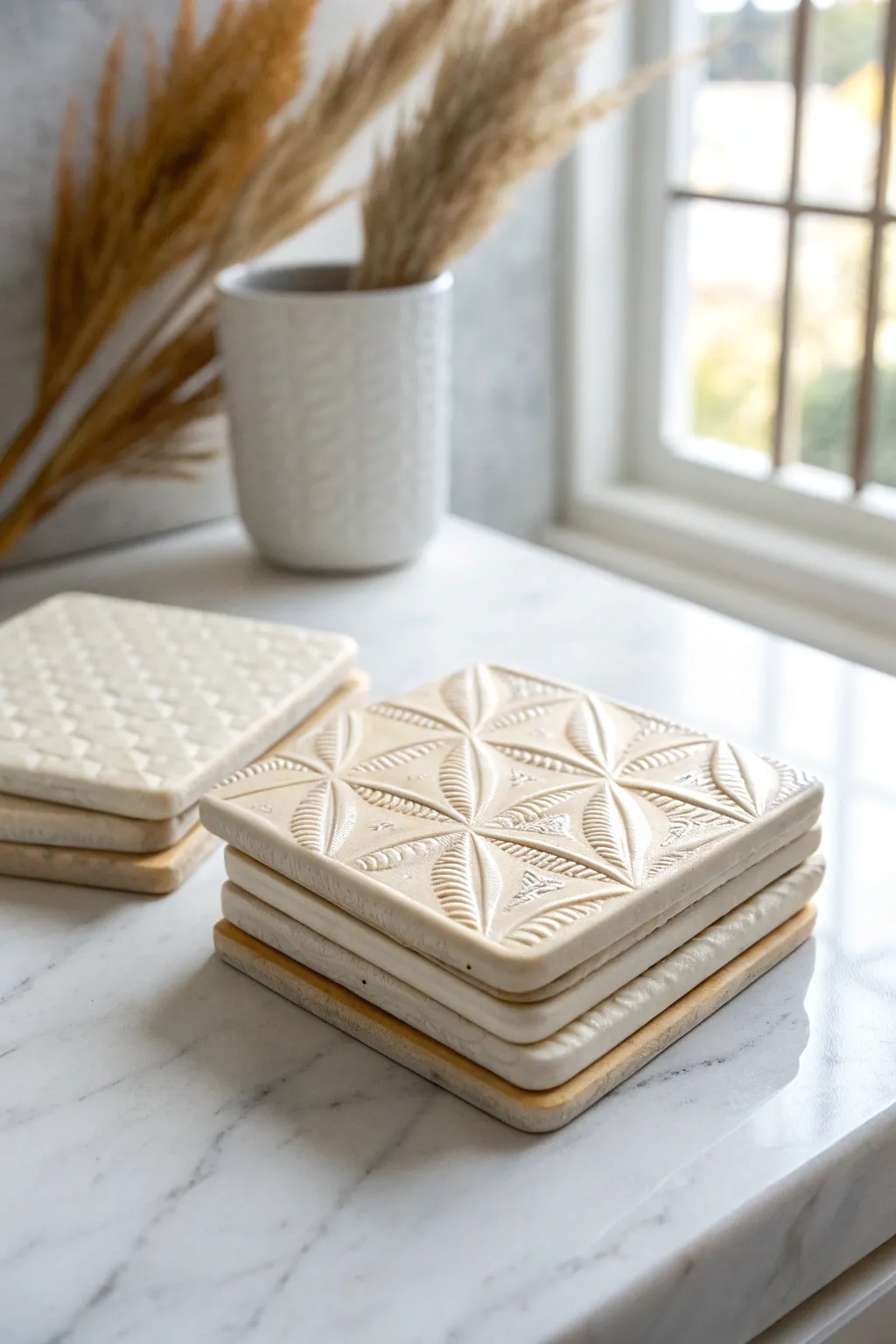 Textured ceramic coasters with satin glaze, neatly stacked for a calm minimalist boho look.
