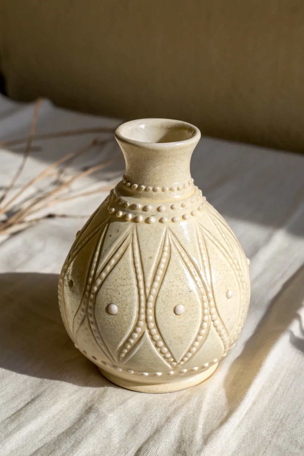 Glossy bud vase with slip-trailed dots and looping lines for simple, tactile ceramic texture ideas