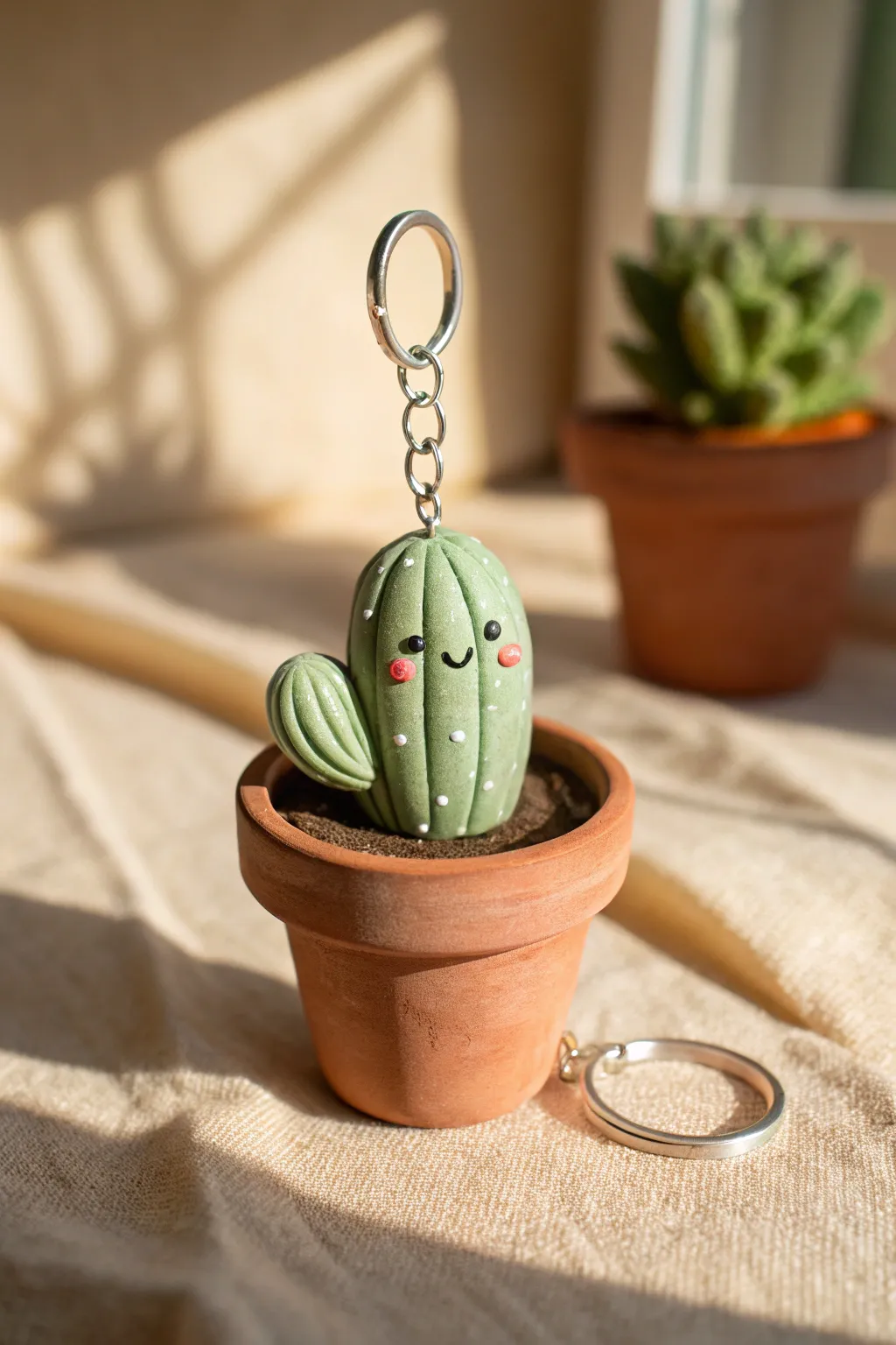 Sweet cactus pot charm in soft earthy tones, minimalist boho style, perfect easy clay DIY