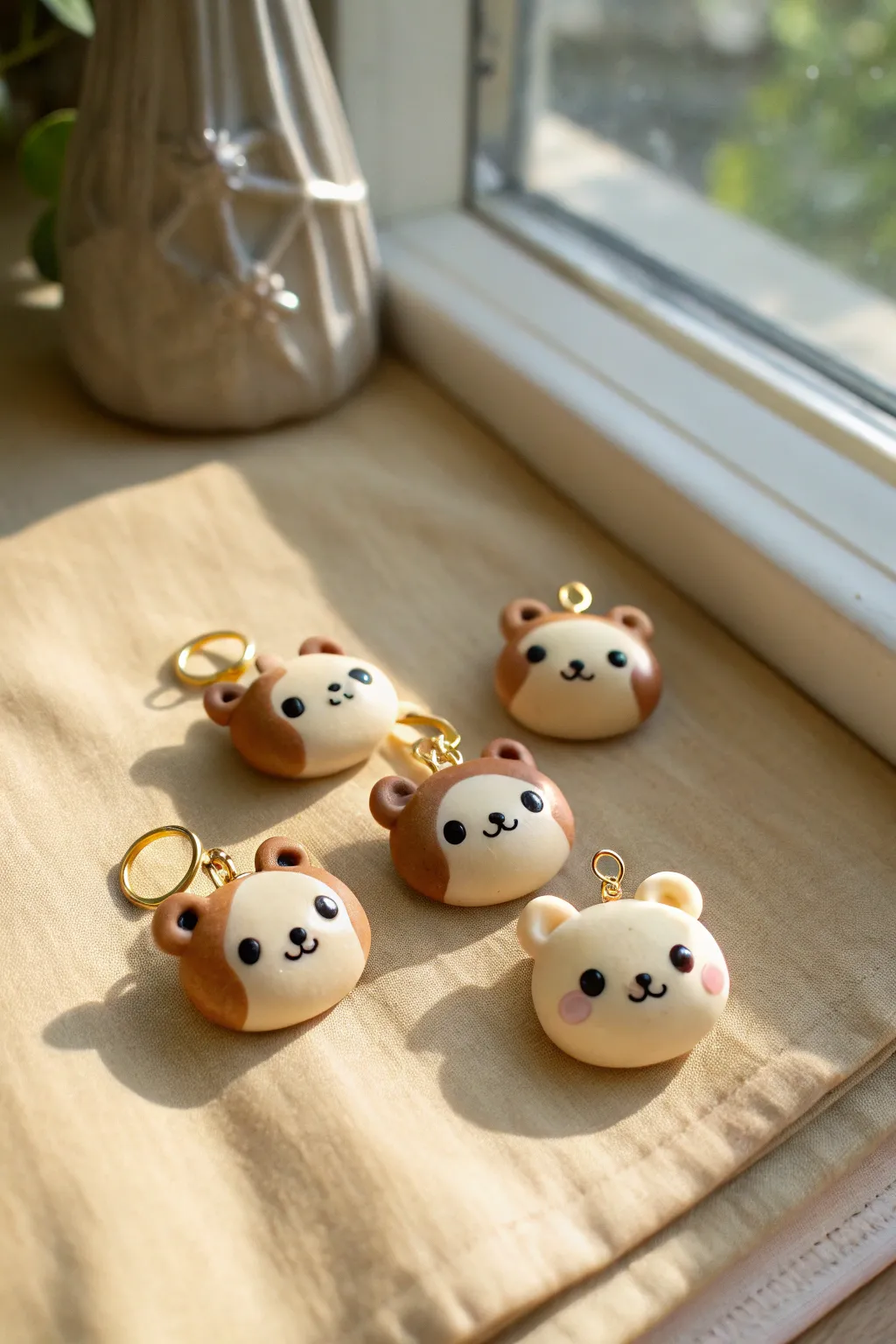 Cute blob-style bear clay charms in tan and cream, simple expressions and cozy minimalist styling