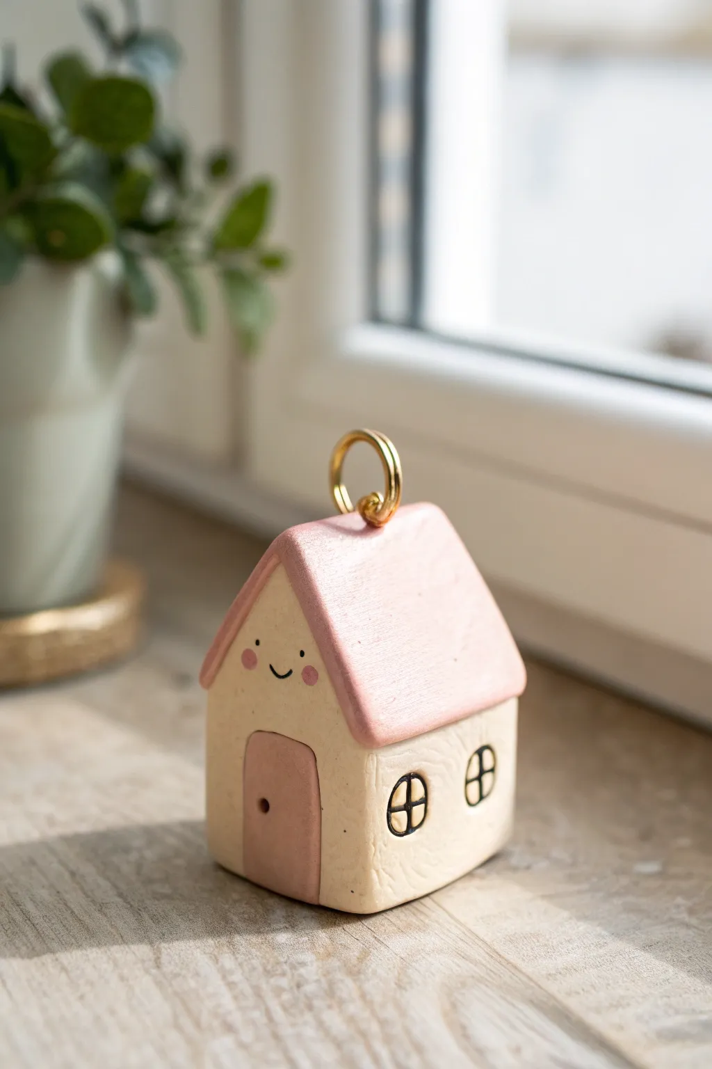 Adorable tiny house charm in blush and cream, rosy cheeks and a happy face, minimalist boho vibe.