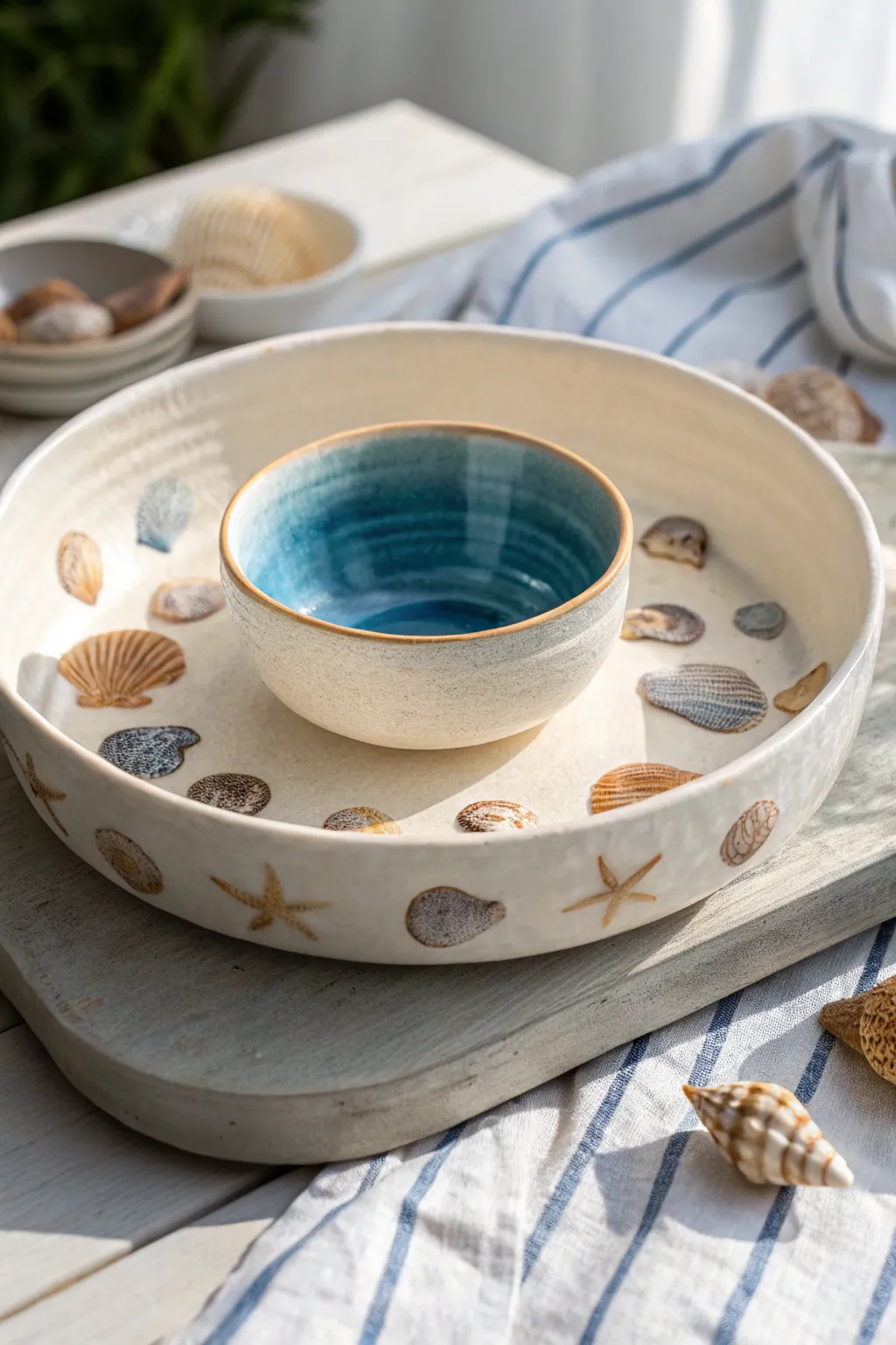 Coastal shell scatter chip and dip bowl with ocean-blue center, minimalist beachy charm.