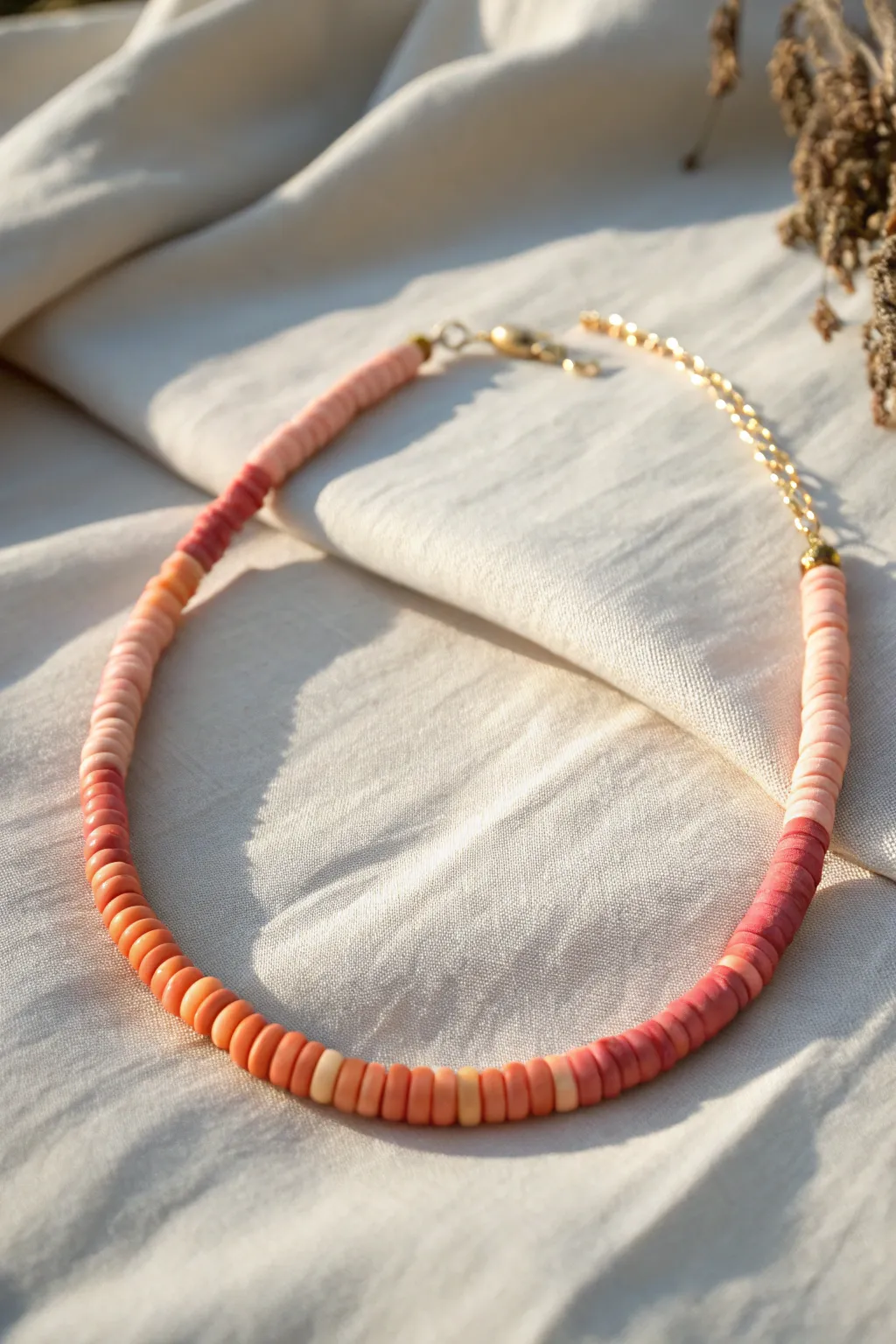 Ombre sunset heishi choker in peach-to-pink clay beads on warm linen, simple and handmade