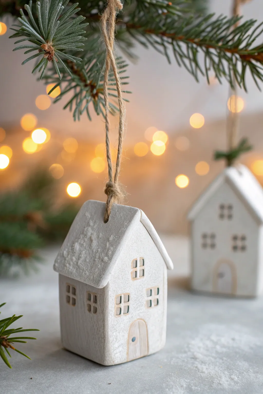 Cozy little air-dry clay house ornament with snowy roof, perfect for a minimalist Christmas tree.