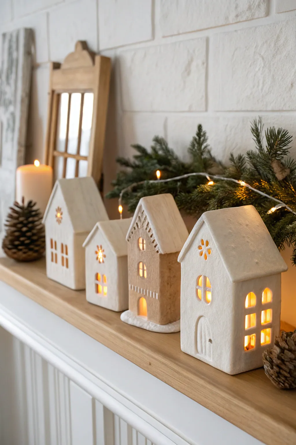 Tiny clay Christmas village houses with snowy roofs, simple details, and cozy Scandinavian charm.