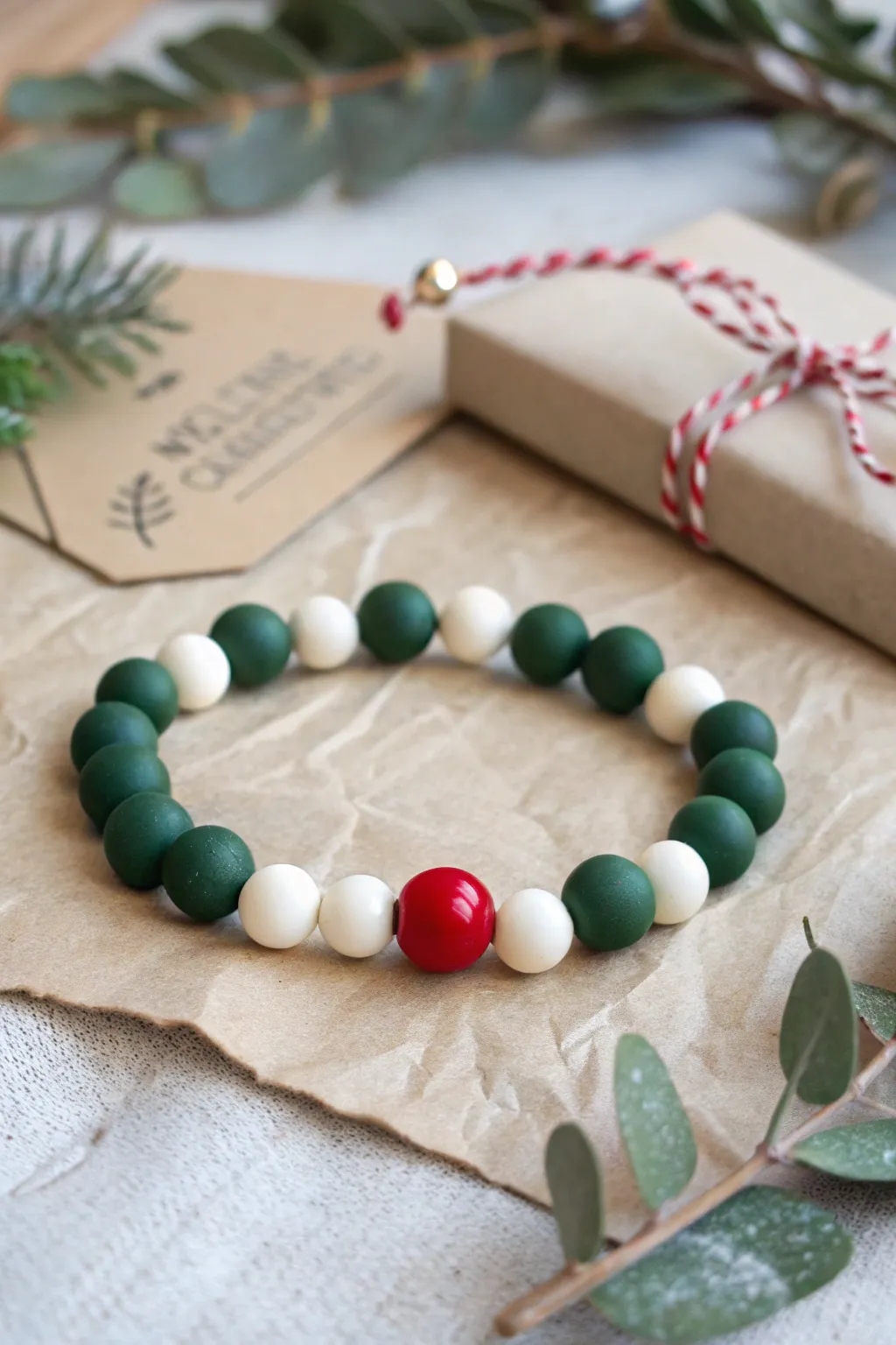 Green and white clay bead bracelet with a tiny red berry accent on kraft paper, holiday minimalism.