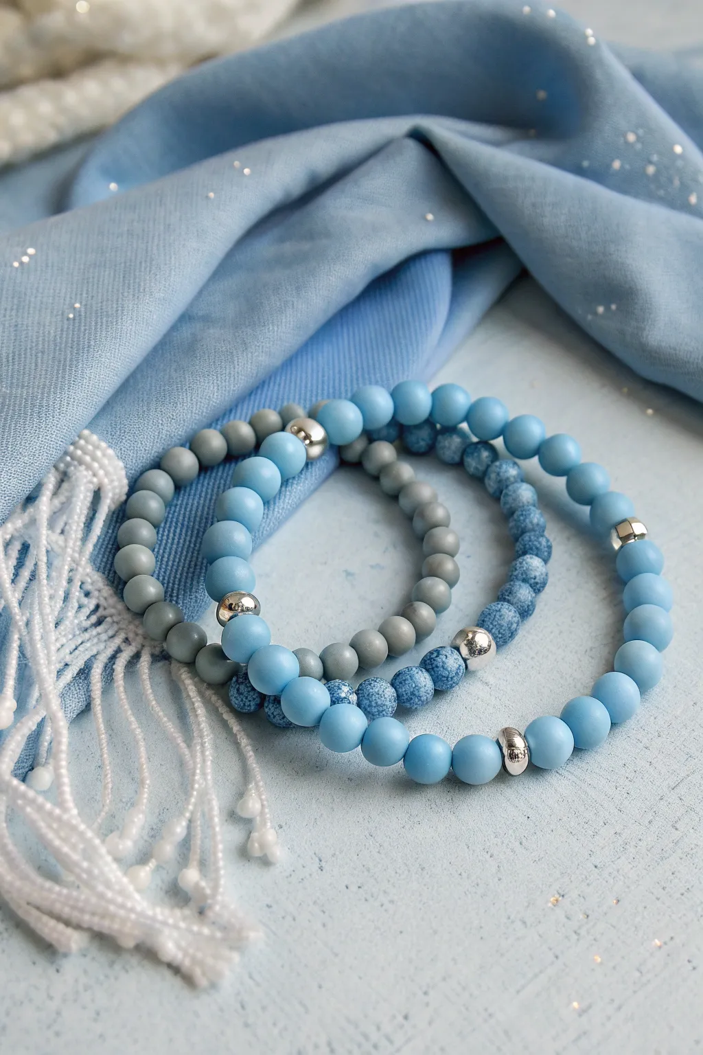 Icy blue clay bead bracelet stack with silver spacers for a calm winter-night glow