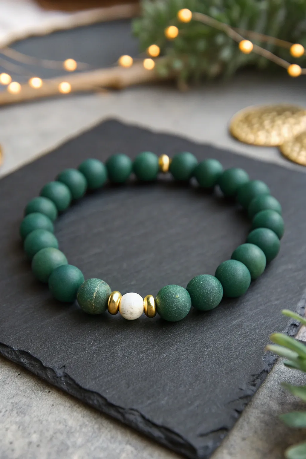 Deep evergreen clay bracelet with gold spacers, minimalist holiday style on charcoal backdrop.