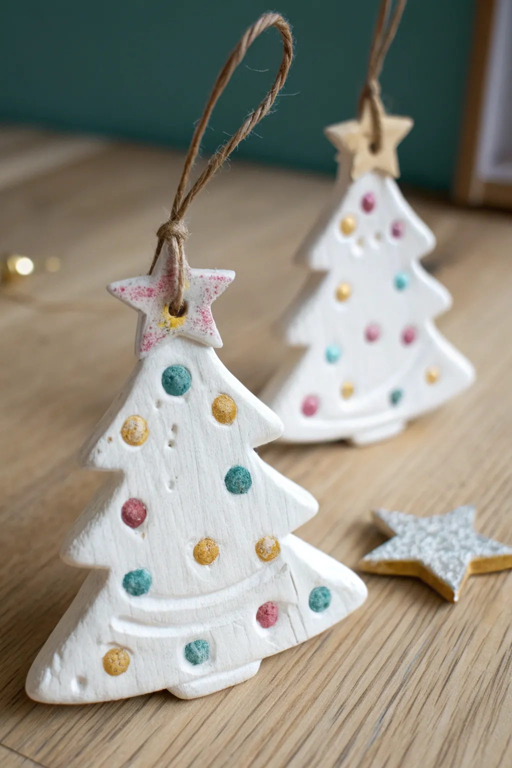 Sweet thumbprint light tree ornaments in minimalist clay, bright colors, and cozy Nordic charm