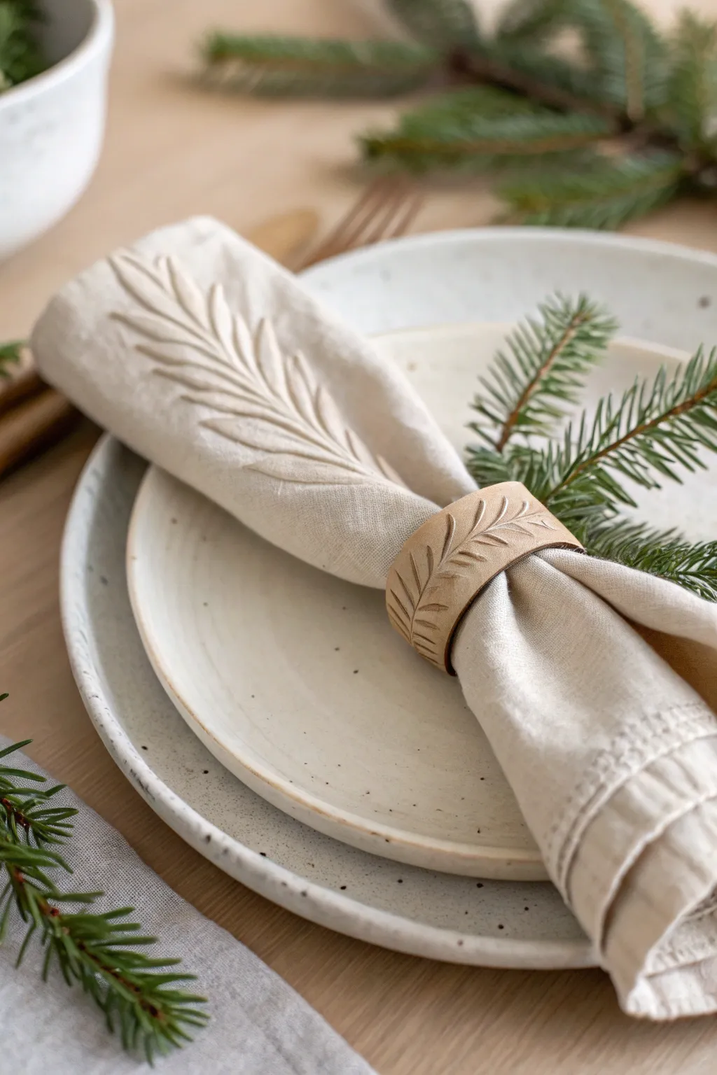 Evergreen-stamped clay napkin ring with linen napkin for a calm, minimalist holiday table