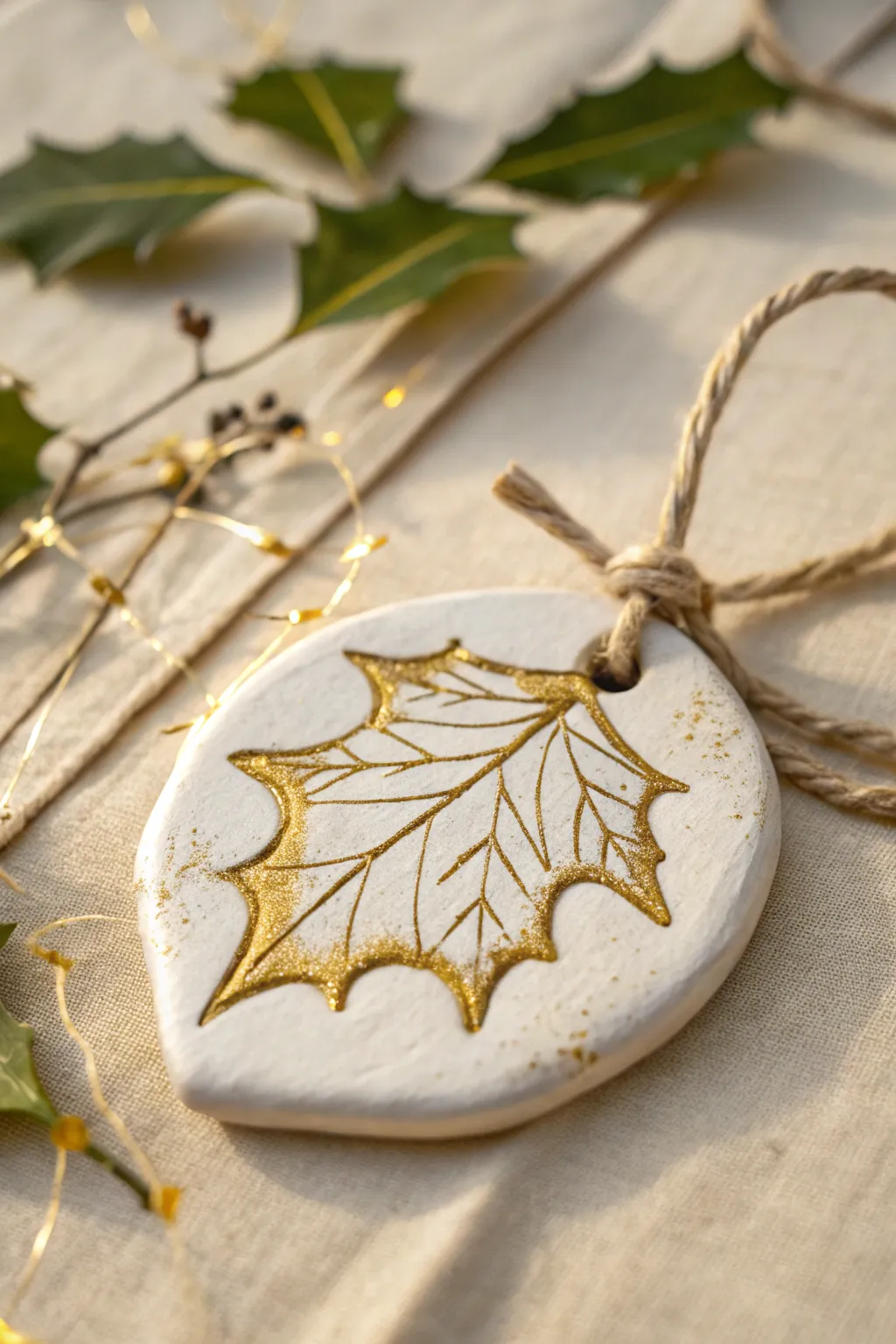 Simple holly leaf imprint clay ornament with a hint of metallic shimmer for a cozy kid-made Christmas.
