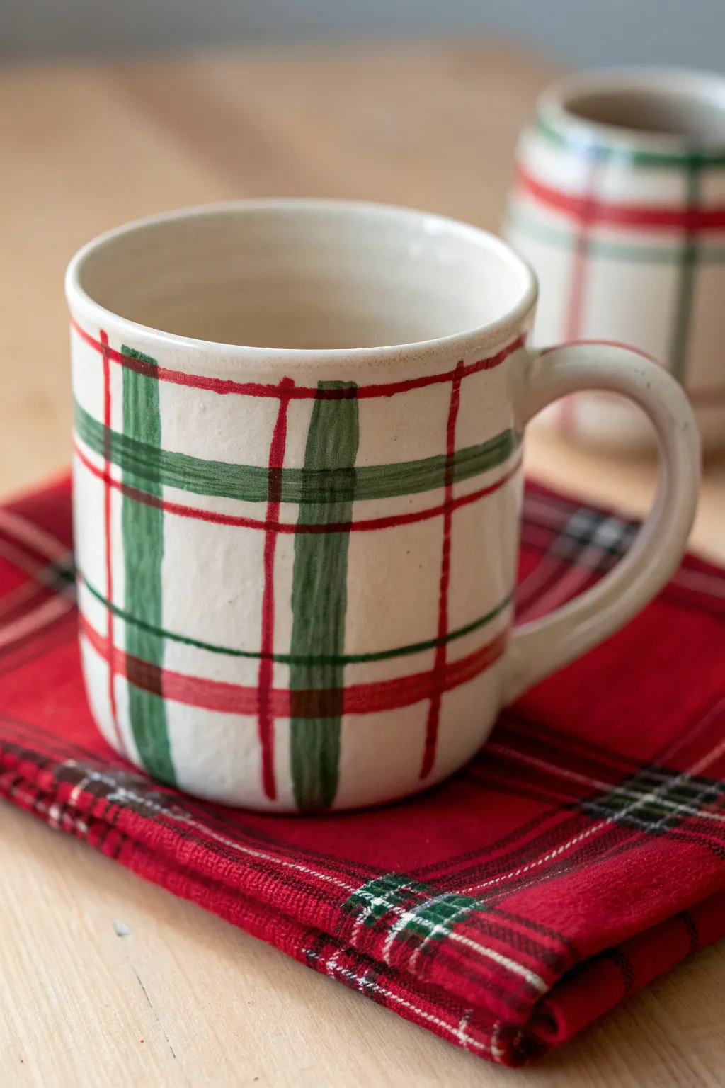 Bold red, green, and white plaid mug for a cozy Scandinavian Christmas coffee moment