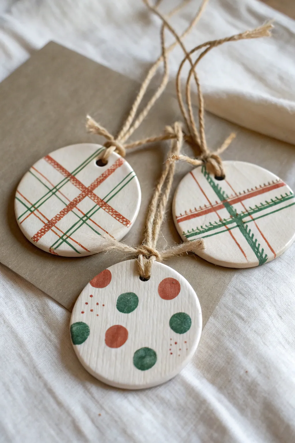 Plaid and stripe clay ornaments in a soft Nordic palette for a cohesive minimalist tree