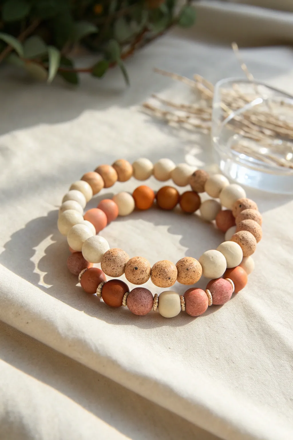 Soft neutral clay bead stretch bracelets stacked together, simple, handmade, and effortlessly cute.