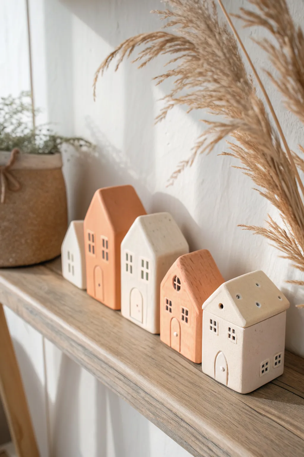 A sweet row of tiny clay houses, minimalist and cozy, styled as a mini village on a shelf