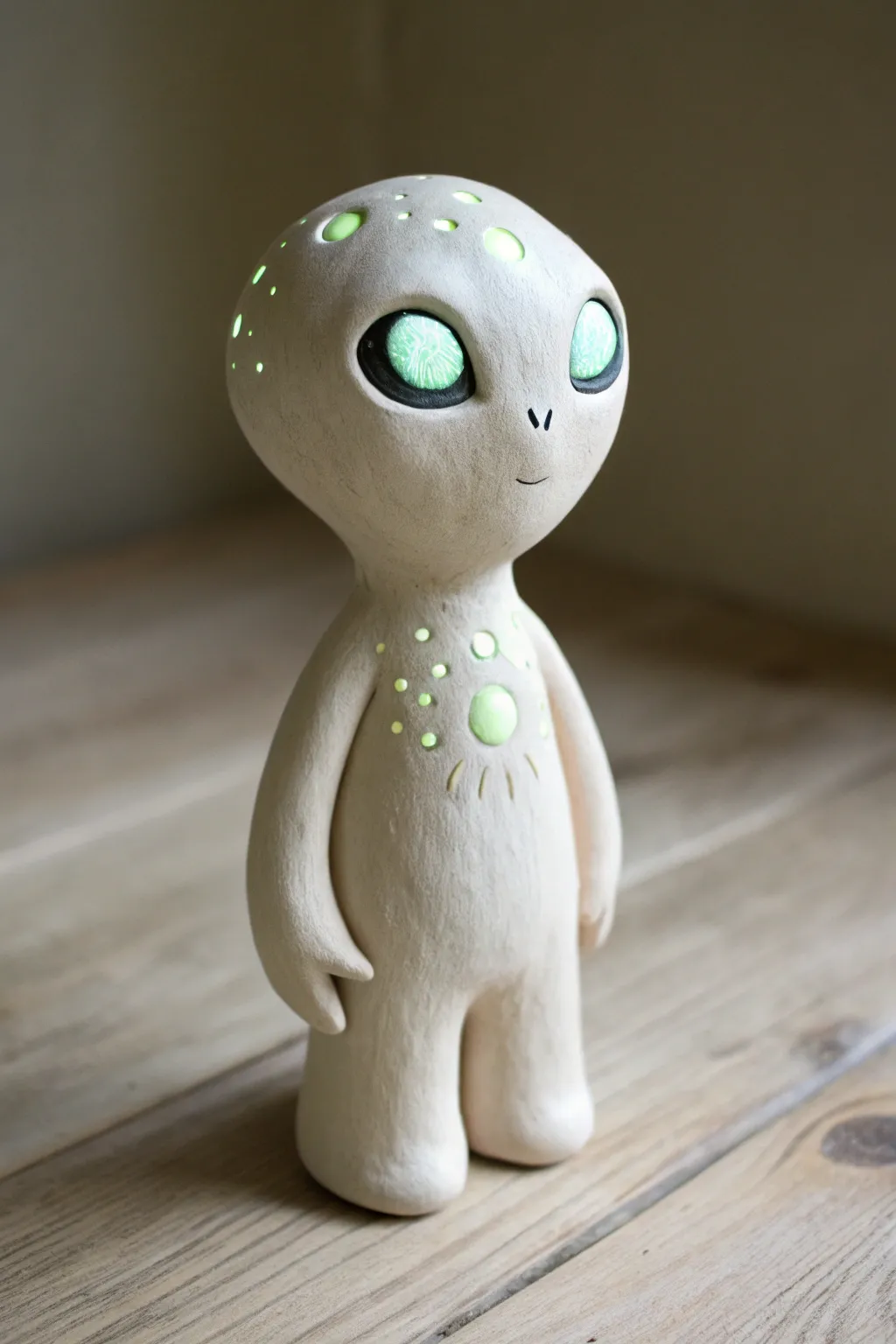 Minimal clay alien with glow-look eyes and dotted spots, styled in moody Scandinavian light.