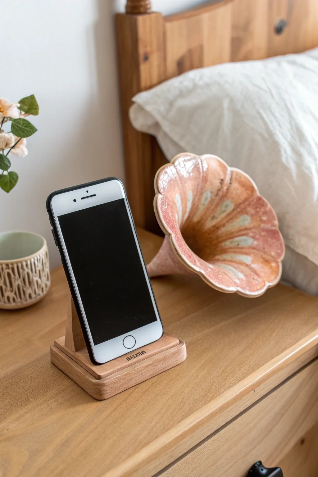 Flower trumpet clay horn amplifier, a chic bedside boost for your phone sound with soft boho vibes