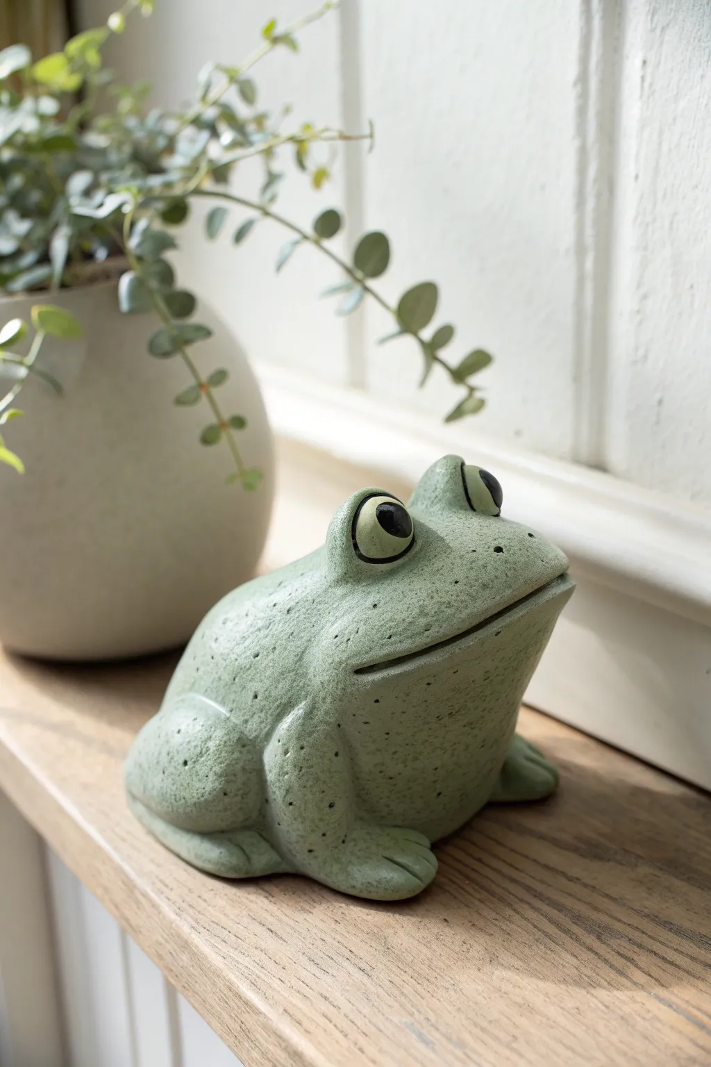 Wide-eyed clay frog sculpture in soft sage tones, simple and charming, perfect for easy display.