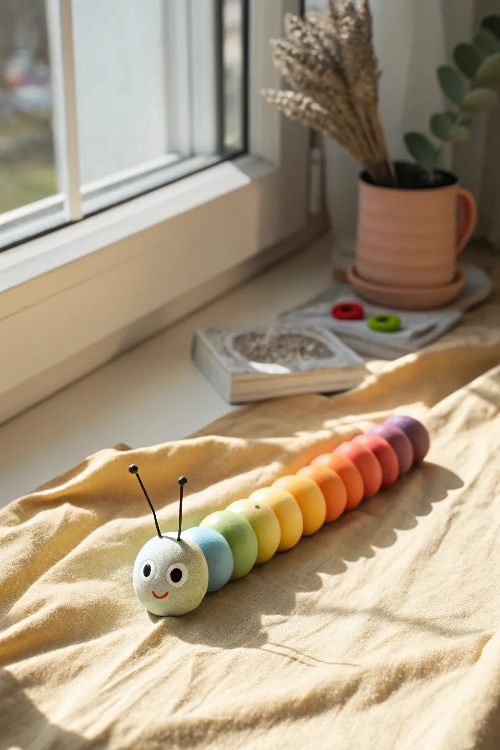 Rainbow clay caterpillar of tiny spheres, simple, charming, and easy for beginners to recreate.