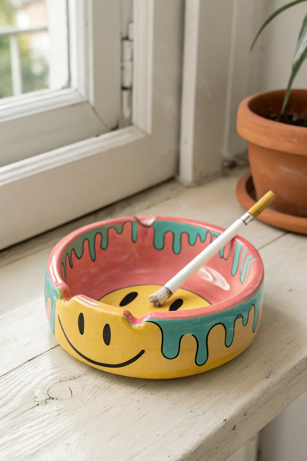 Playful melting smile clay ashtray in glossy brights, minimalist styling with artisan charm.