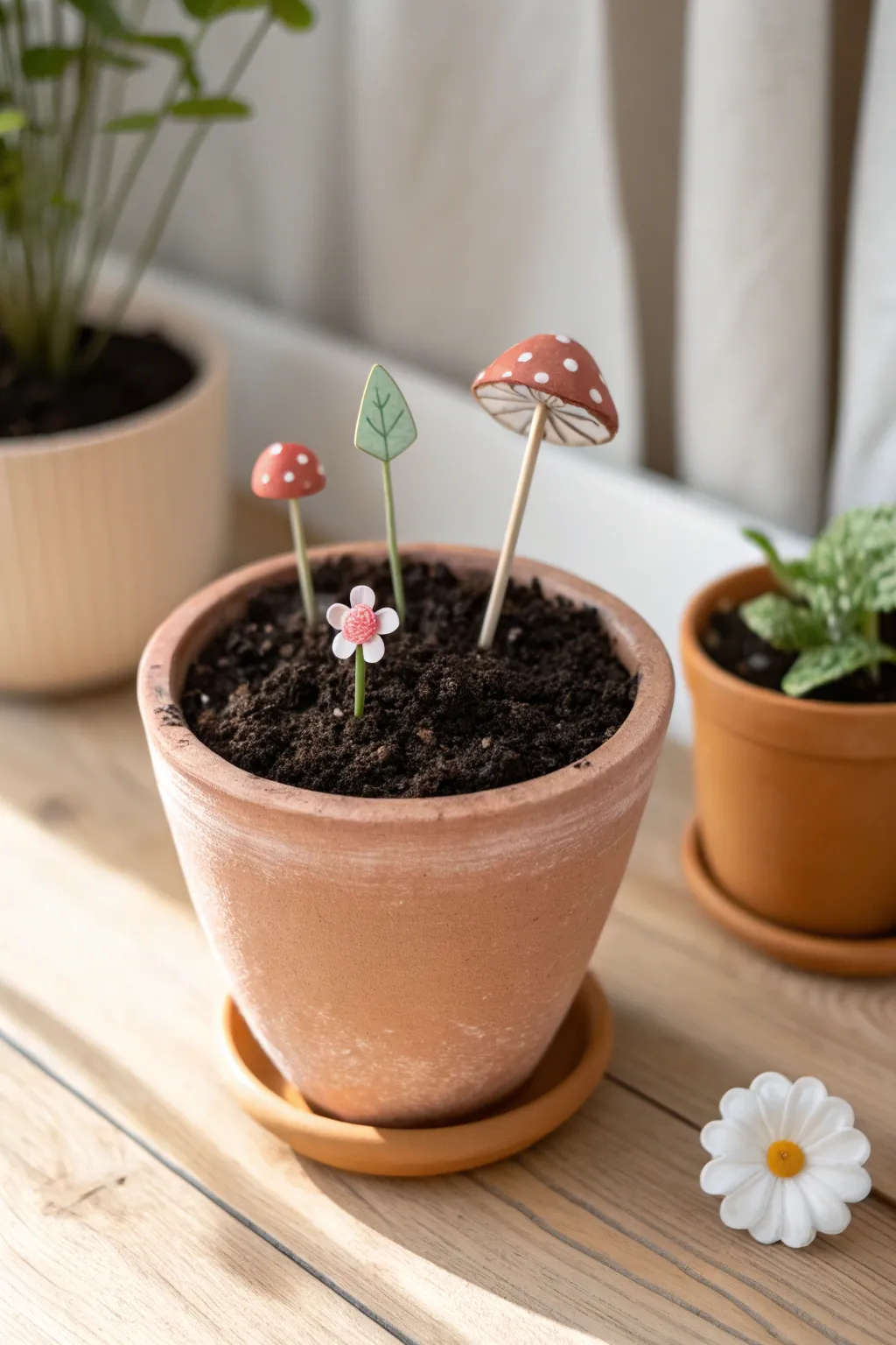 Simple clay plant markers with mushroom, frog, and flower peeking from a tiny pot.