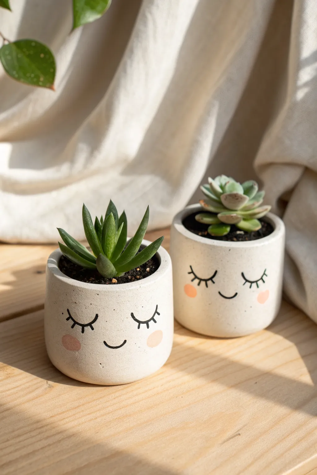 Mini buddy-face planters with succulents, a sweet clay date idea for simple cozy decor