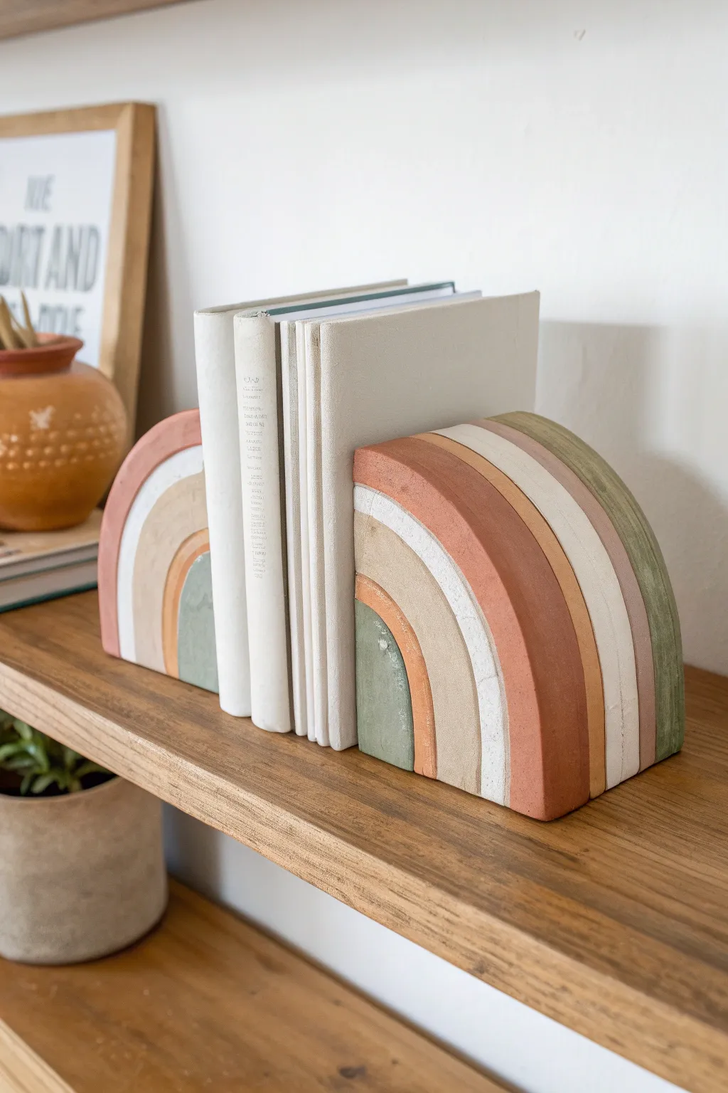Chunky geometric clay bookends with soft color blocks, a modern boho touch for your shelf
