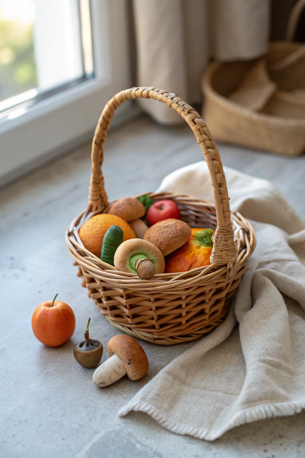 Mini clay market basket brimming with tiny fruits and veggies for charming food-themed pottery decor.
