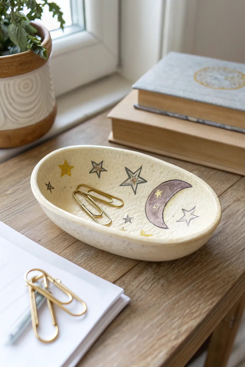 Pale yellow and lavender star and moon dish adding calm, handmade magic to your desk.